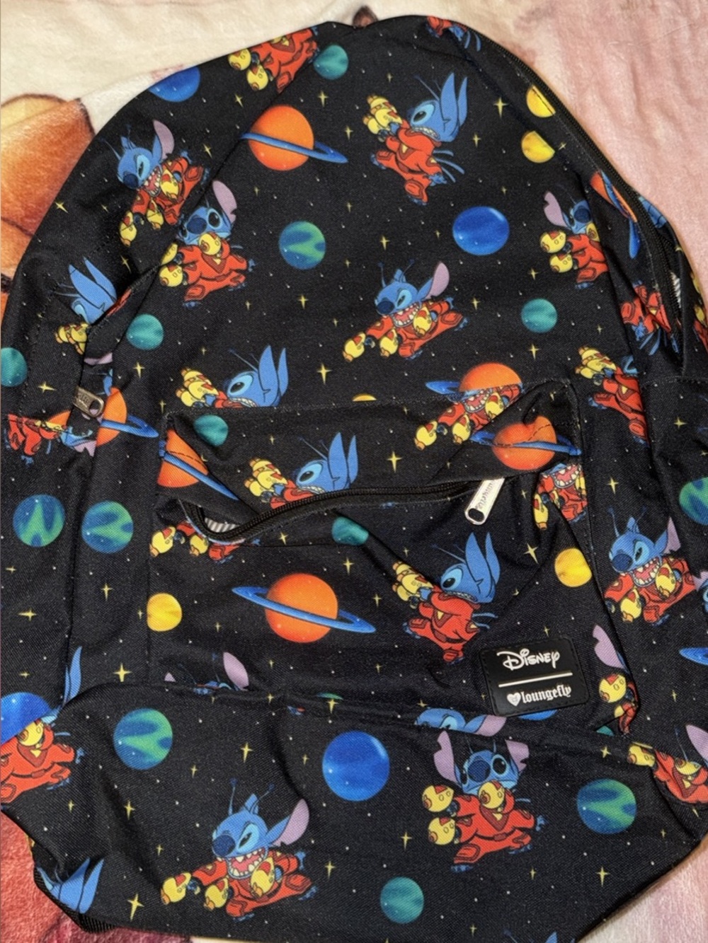 Loungefly Disney Stitch Black Backpack with Blue, Orange, Yellow Planets